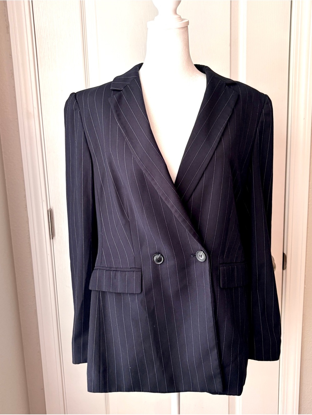 Ann Taylor Navy Blue Pinstripe Double Breasted Blazer Fall 2024 Size 8